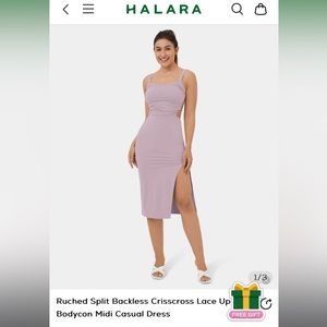 Ruched Split Backless Crisscross Lace Up Bodycon Midi Casual Dress